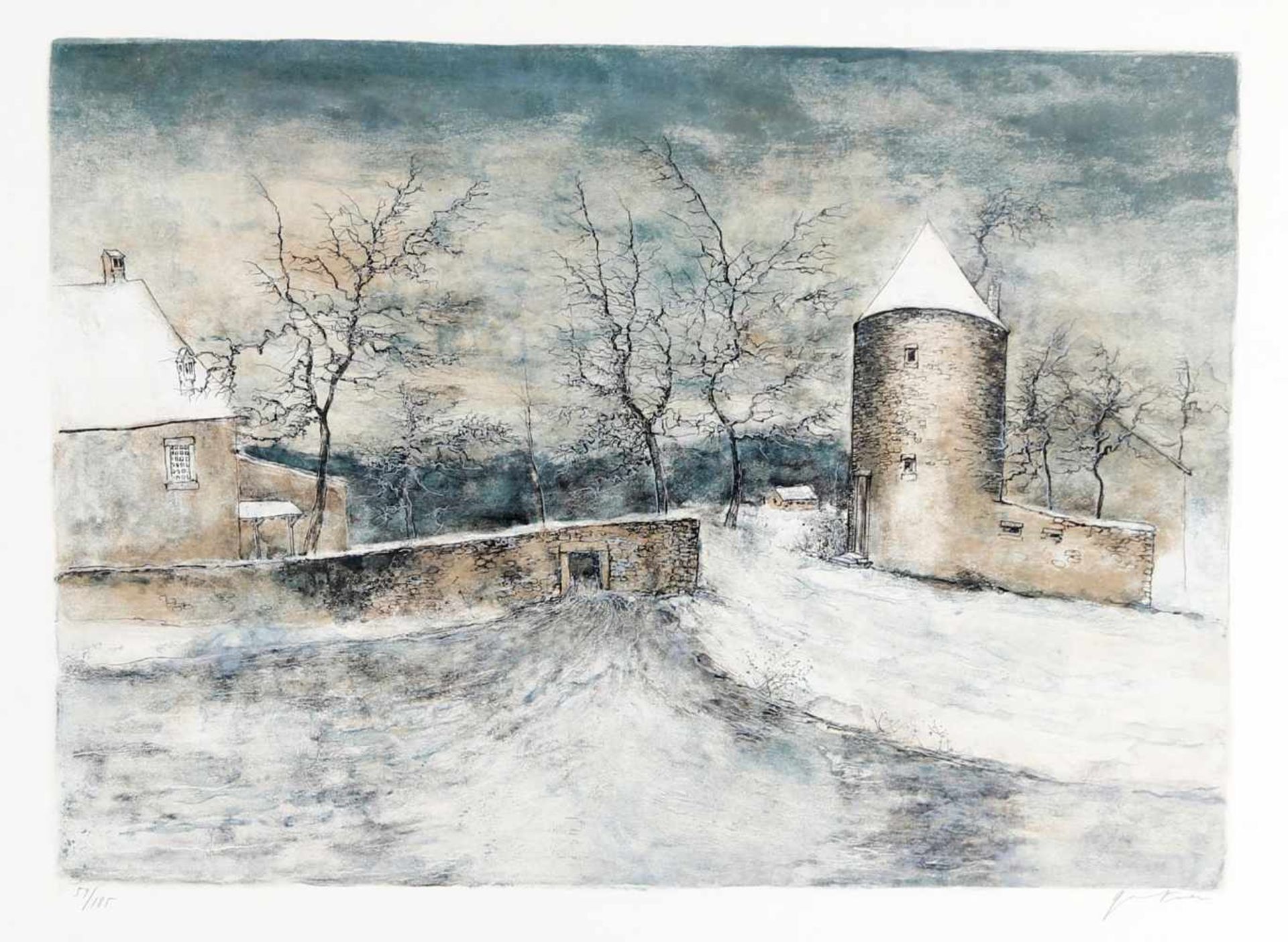 Unbekannter Künstler"Hof mit Mauer-Einfriedung im Winter", Radierung, 41 x 56,5 cm (Plattengröße),