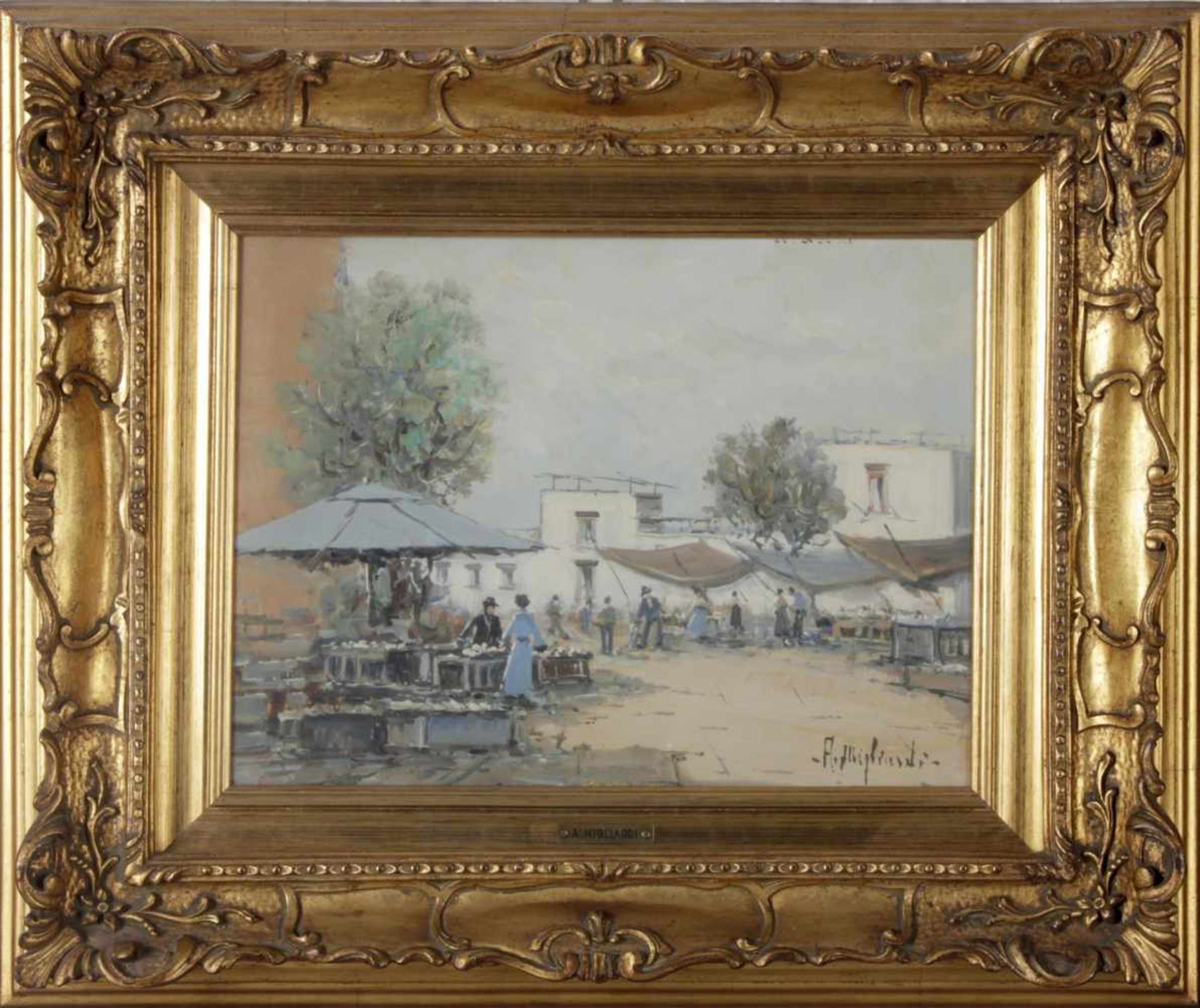 Antonio Migliardi (1913-1985)Marktszene in Poggioli, Öl auf Holz, 29,5 x 39,5 cm, in Goldleiste,