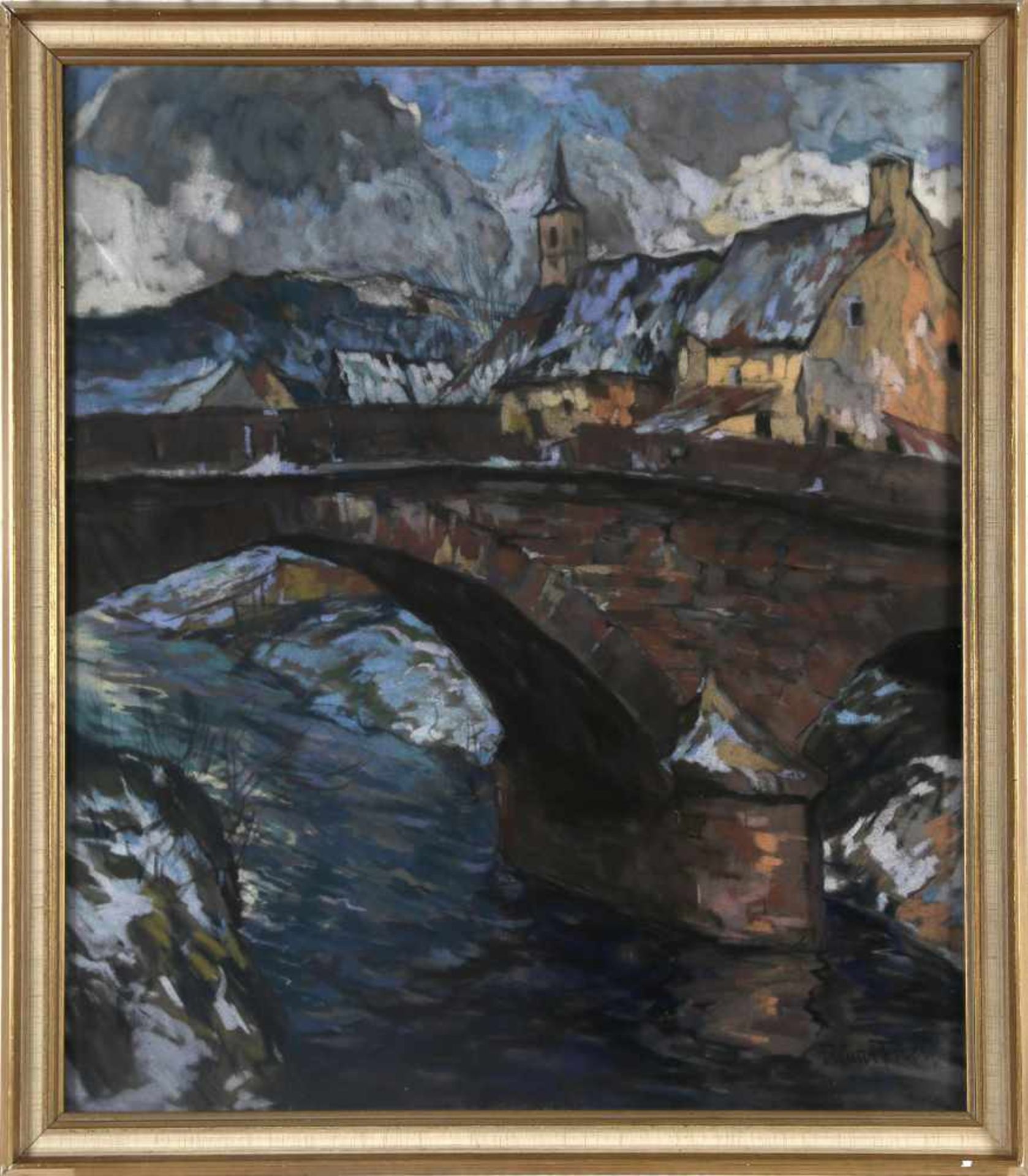 Klaus Fisch (1893-1975)Eifeldorf mit Brücke im Vordergrund, Pastell auf Karton, 67 x 58 cm, unten