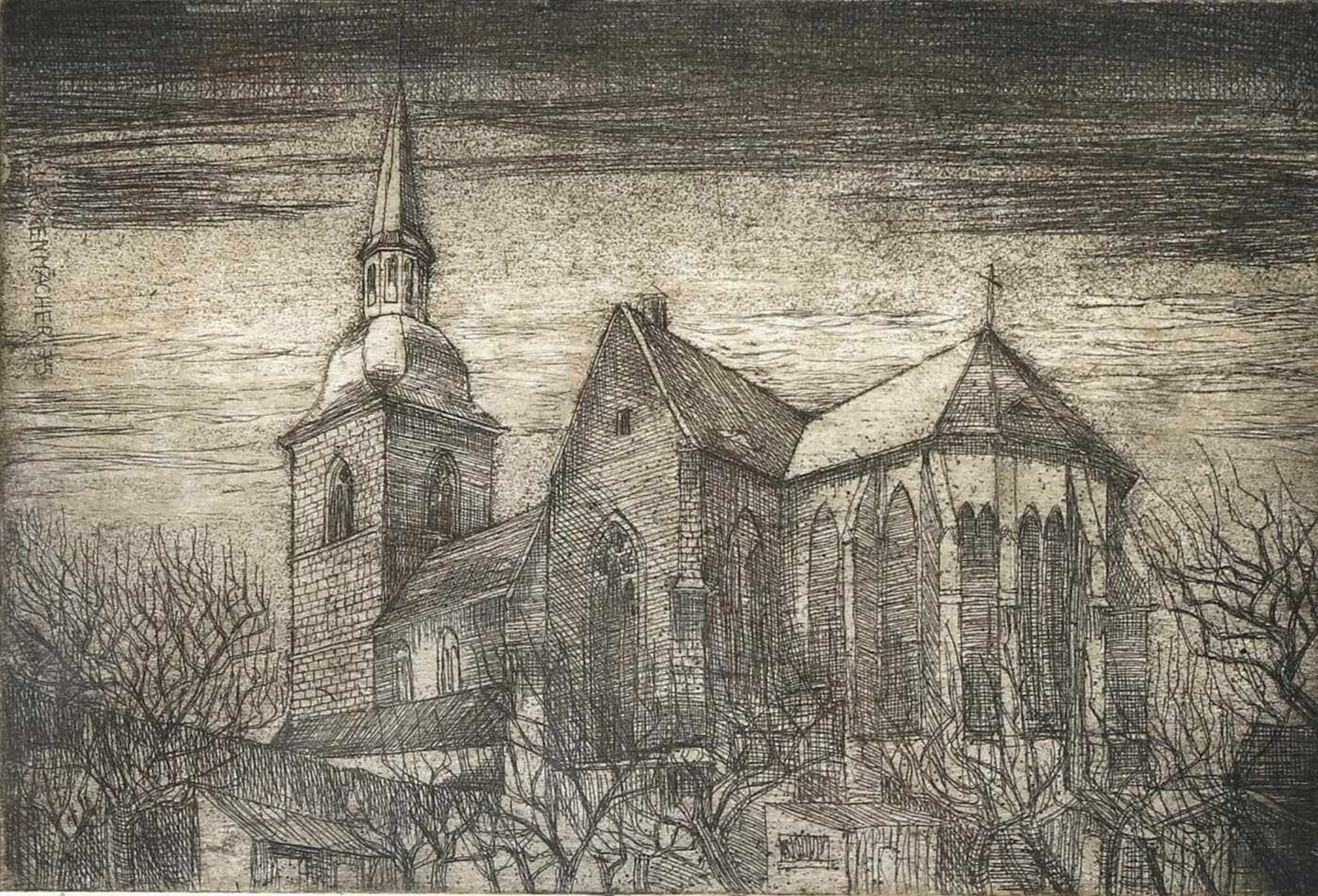 Otto Lackenmacher (Saarbrücken 1927-1988)Stiftskirche St. Arnual, Radierung, ca. 17 x 25 cm (