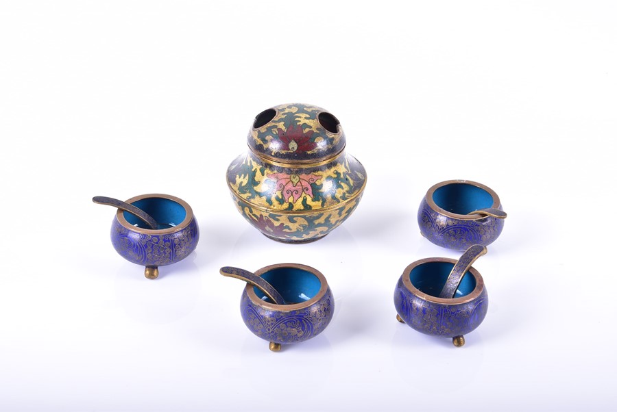 A Chinese cloisonne float bowl and matched salts together with a small cloisonne censer of