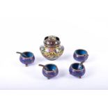 A Chinese cloisonne float bowl and matched salts together with a small cloisonne censer of