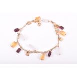 A 9ct yellow gold, garnet, citrine, and quartz bracelet suspended with rounded rectangular