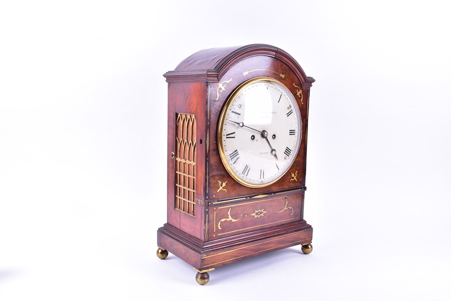 A Regency mahogany and brass inlaid bracket clock with arched top, eight day movement striking on - Image 6 of 11