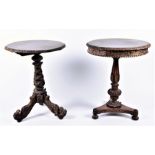 Two carved hardwood Rajasthan circular tilt-top tables of similar proportions, one with feet