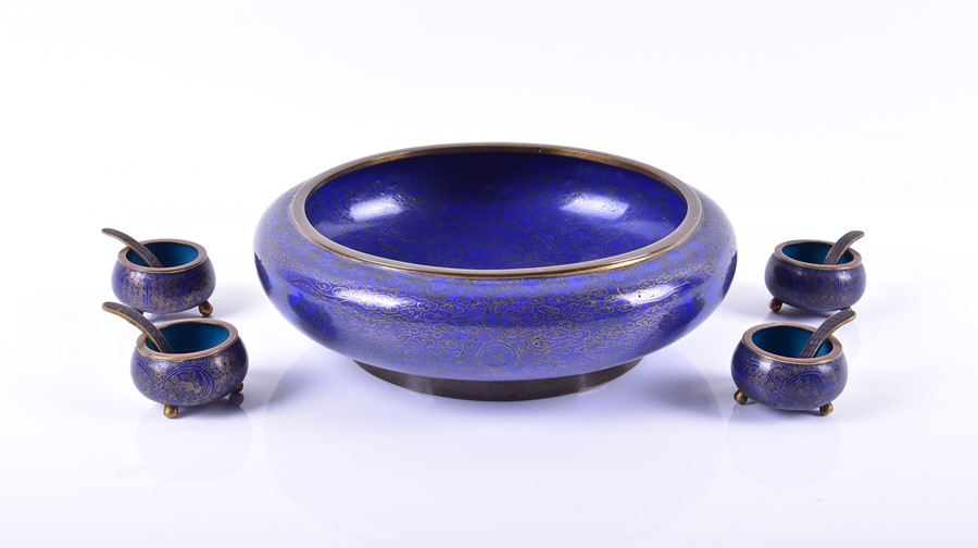 A Chinese cloisonne float bowl and matched salts together with a small cloisonne censer of - Image 2 of 5