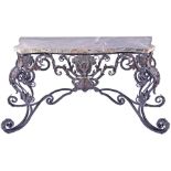 A large Rococo style Italian marble topped console table with serpentine shaped green marble top