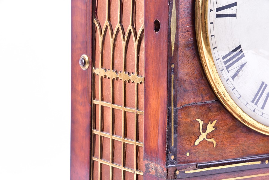 A Regency mahogany and brass inlaid bracket clock with arched top, eight day movement striking on - Image 7 of 11