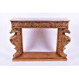 A reproduction gilt painted and marble-topped console table the front columns formed as stylised