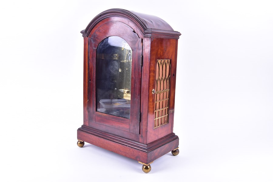 A Regency mahogany and brass inlaid bracket clock with arched top, eight day movement striking on - Image 10 of 11