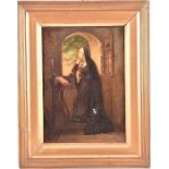 19th century Continental school a portrait of a praying nun at a window, oil on canvas, 34 cm x 24.5