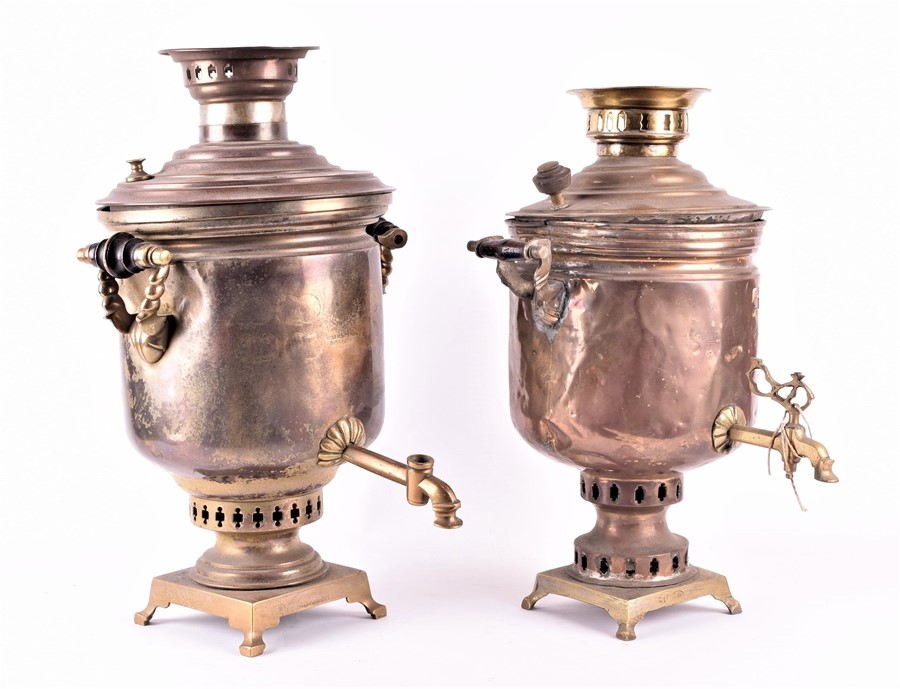 Two Russian Samovars both 19th century, each made of copper and brass with various stamped details