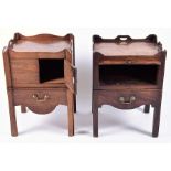 Two George III carved walnut tray top bedside tables one with central double cupboard doors, the