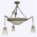 An Art Deco Muller Freres wrought iron and moulded glass chandelier light with central bowl