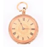 An 18ct yellow gold fob pocket watch with gilt metal dial, Roman numerals, the engraved case