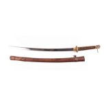 A WWII Japanese army katana sword in brown leather scabbard with a gilt metal decorated tsuba, the