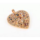 A gilt metal and semi-precious multi-gem heart-shaped pendant set with mixed rose-cut gemstones