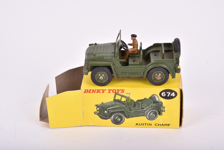 Three Dinky Toys boxed military vehicles comprising a 674 Austin Champ, a 673 Scout Car and a 688 - Image 3 of 14