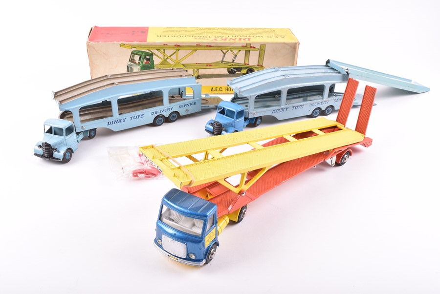 A boxed Dinky Toys 974 AEC Hoynor Car Transporter together with two loose Dinky 582 Pullmore Car