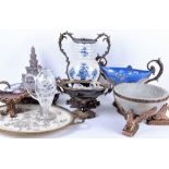 A collection of European decorative arts vases and pedestal bowls to include a large Oriental