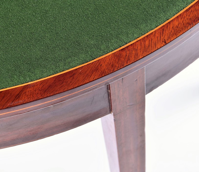 An Edwardian flame mahogany demi-lune card table with satinwood cross banding and baize lined - Image 3 of 5