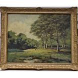 A 19th century French school of an impressionist style woodland landscape with a laborer in the