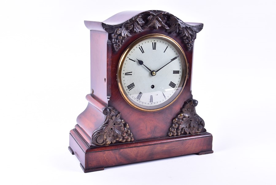 A Victorian mantel timepiece in a rosewood case with relief moulded vine and grape decoration, the - Image 4 of 6