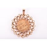 A Victorian 1896 full sovereign pendant set in a 9ct yellow gold pendant mount. 16.4 grams.