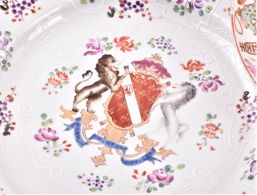 A collection of Chinese export armorial porcelain to include a pair of rectangular eight-side - Image 8 of 17