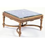 A French Louis XVI style giltwood and marble top coffee table the square serpentine marble top set