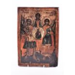 A 19th century or earlier Russian icon depicting three Orthodox Christian figures, amongst them is
