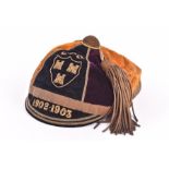 An early 20th century velvet sporting honours cap embroidered with 'LFC' (Lansdowne FC / Lansdowne