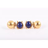 A pair of 18ct yellow gold and lapis lazuli earrings each set with an oval cabochon lapis, and
