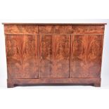 A reproduction flame mahogany sideboard with three drawers over three cupboard doors, on bracket