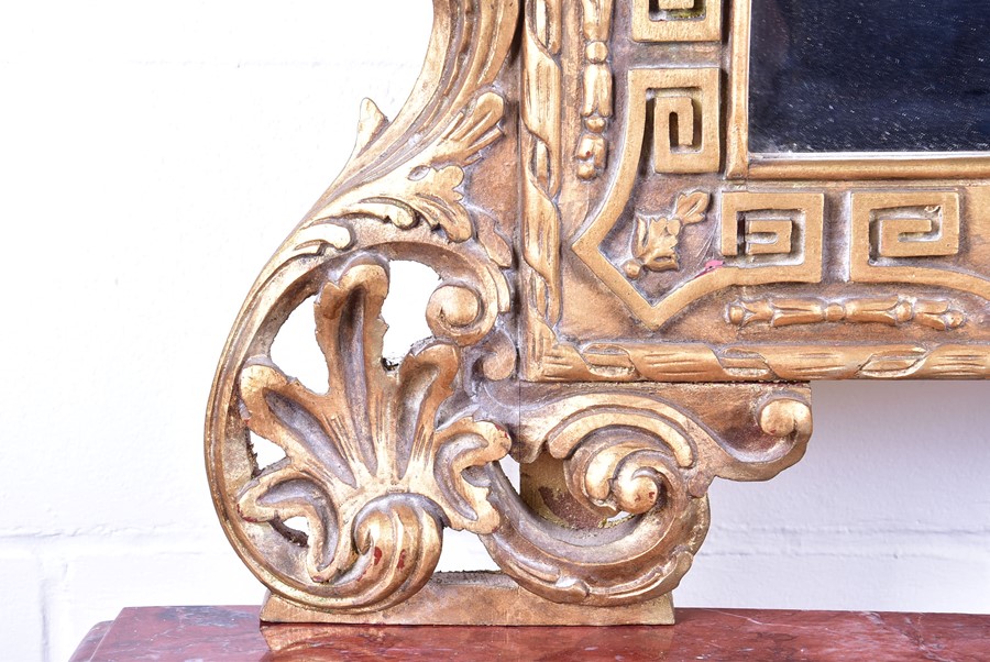 A 19th century style mirror-backed gilt console table with red marble top, the mirror surmounted - Image 3 of 7