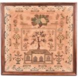 A Victorian embroidered sampler panel dated 1822, Jane Broadbell's work (sic) detailing the '