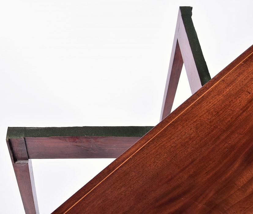 An Edwardian flame mahogany demi-lune card table with satinwood cross banding and baize lined - Image 4 of 5