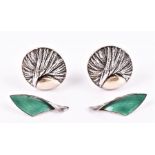 A pair of silver clip earrings by N S Bar-on  together with silver and green enamel clip
