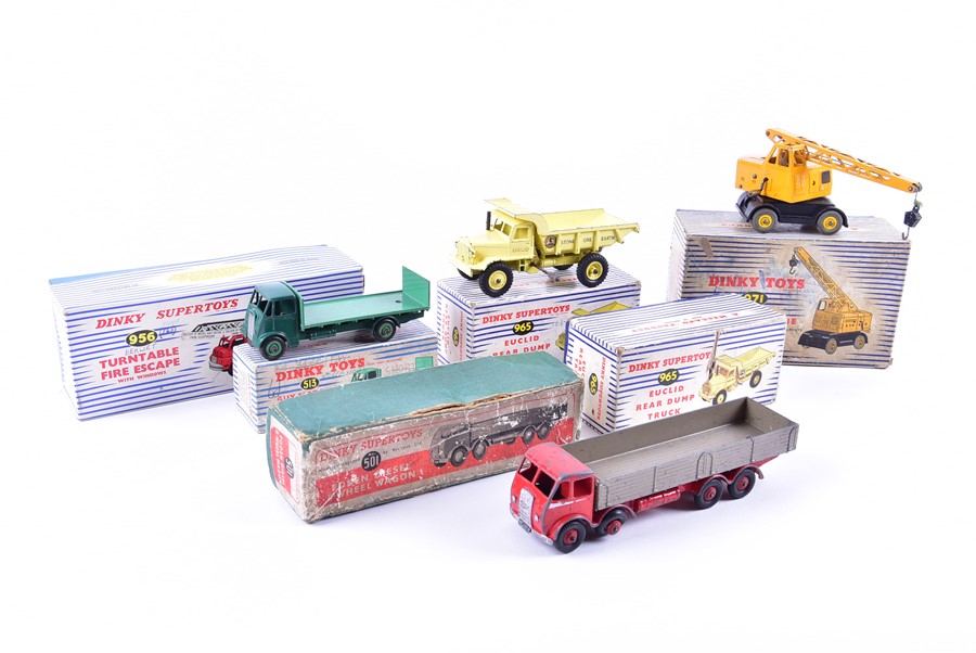 Six boxed vintage Dinky Toys diecast vehicles comprising 965 Euclid Rear Dump Truck (x2), 971