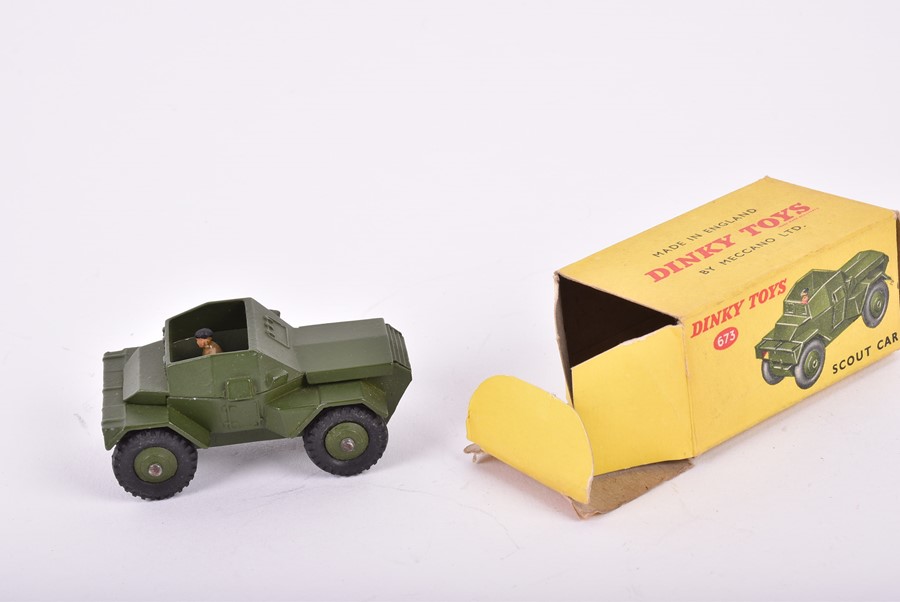 Three Dinky Toys boxed military vehicles comprising a 674 Austin Champ, a 673 Scout Car and a 688 - Image 13 of 14