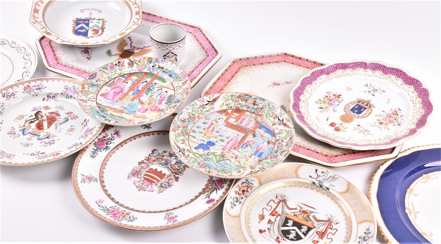 A collection of Chinese export armorial porcelain to include a pair of rectangular eight-side