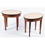 A pair of early 20th century small French oval occasional tables  with marble tops and inlaid frieze