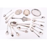 A mixed lot of silver and white metal items to include a pair of silver rat tail tablespoons,