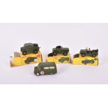 Three Dinky Toys boxed military vehicles comprising a 674 Austin Champ, a 673 Scout Car and a 688