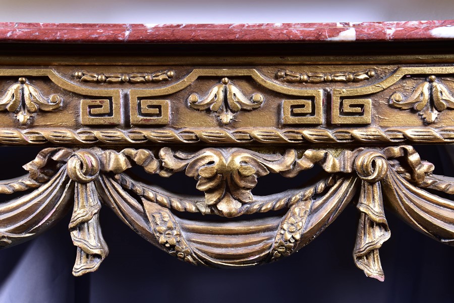 A 19th century style mirror-backed gilt console table with red marble top, the mirror surmounted - Image 6 of 7