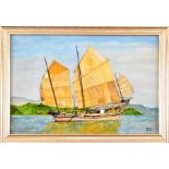 Continental School, mid 20th century painting of a 1940s East Asian sailboat, brought back to Europe
