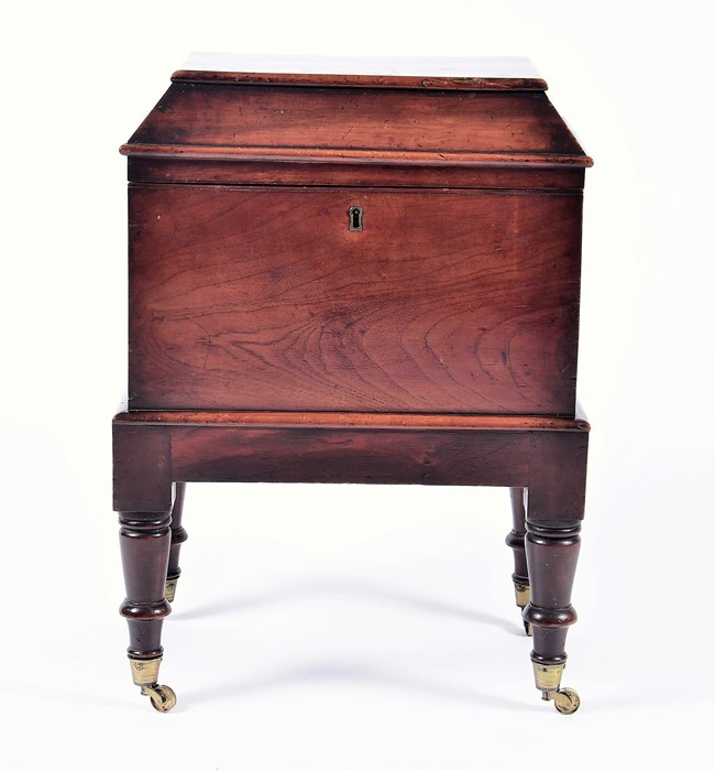 A Regency mahogany cellaret of sarcophagus form, the raised lid above a rectangular body supported - Image 2 of 5