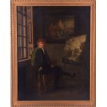 Early 19th century Continental School a portrait of a landscape artist in his studio, palette and