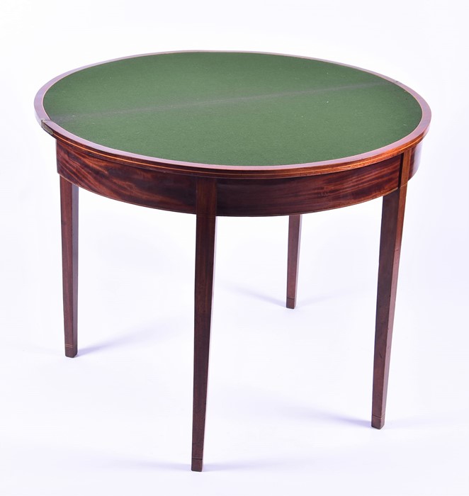 An Edwardian flame mahogany demi-lune card table with satinwood cross banding and baize lined - Image 2 of 5