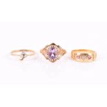 A 9ct yellow gold and amethyst ring size O 1/2, together with an 18ct yellow gold, diamond and